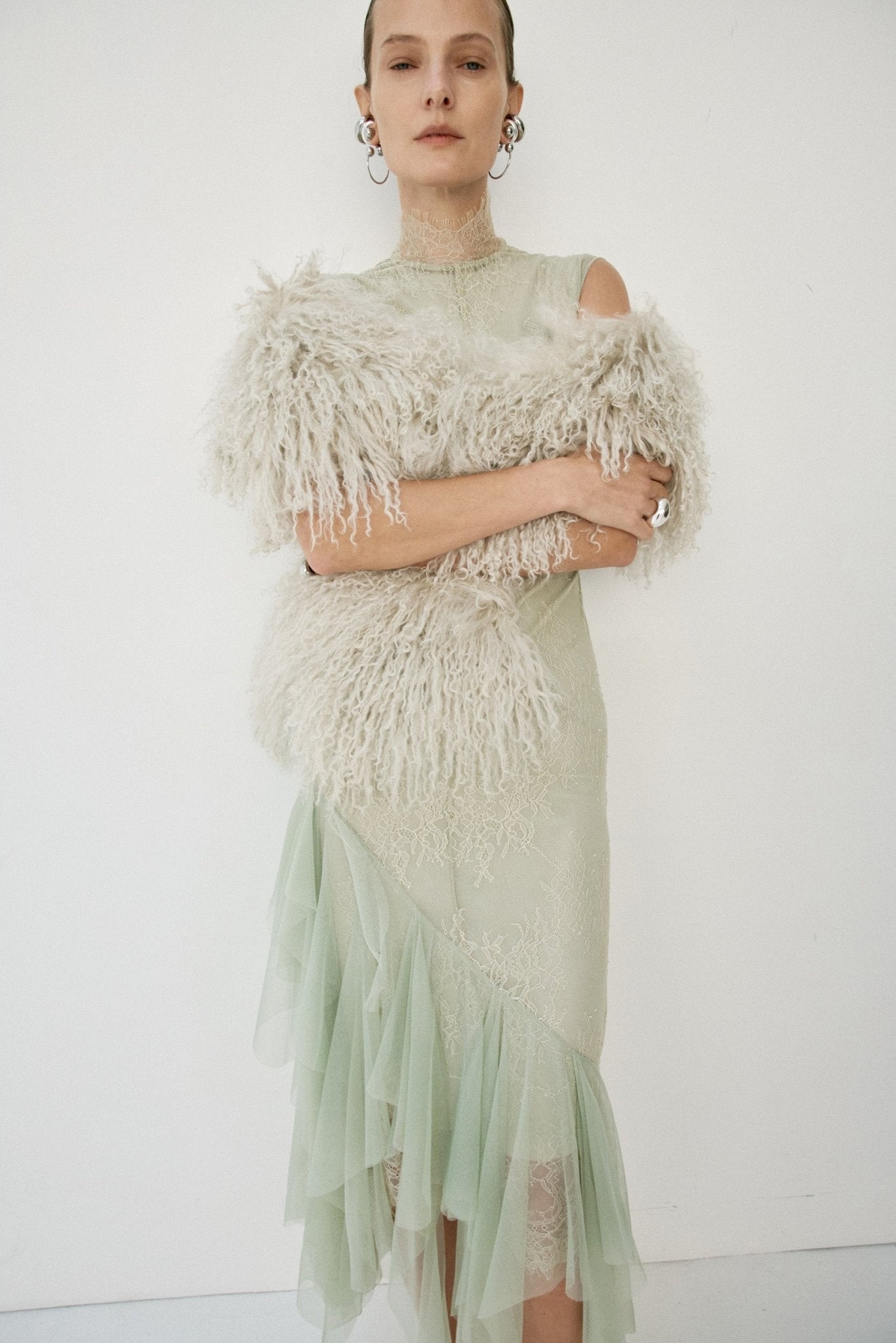 MORWEN MIDI DRESS IN STONE BEIGE & SAGE GREEN FINE LACE