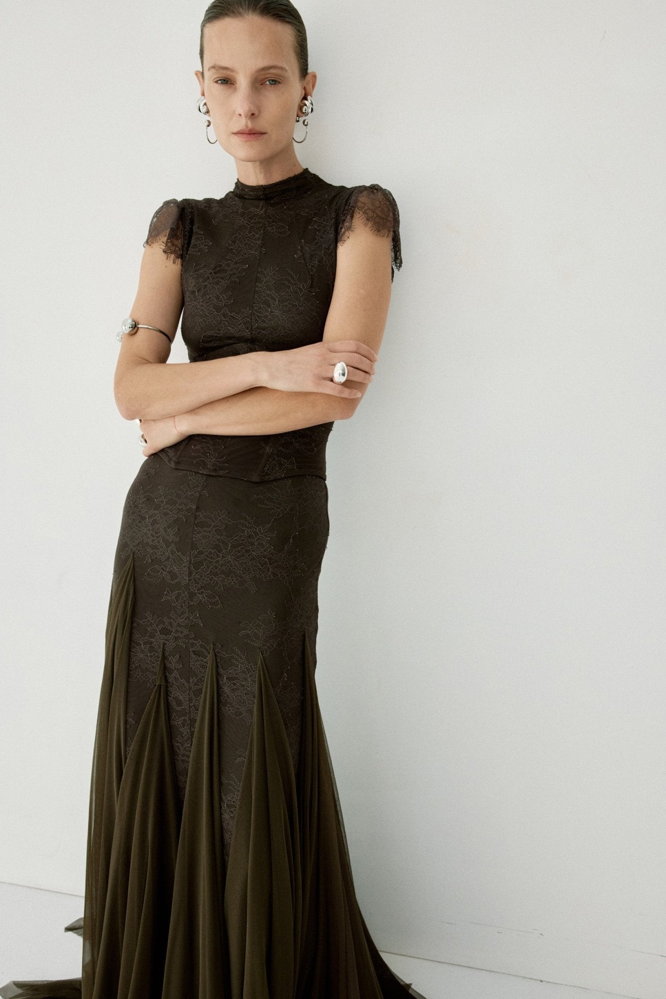 ZEPHYRA MAXI DRESS IN CHOCOLATE BROWN FINE LACE