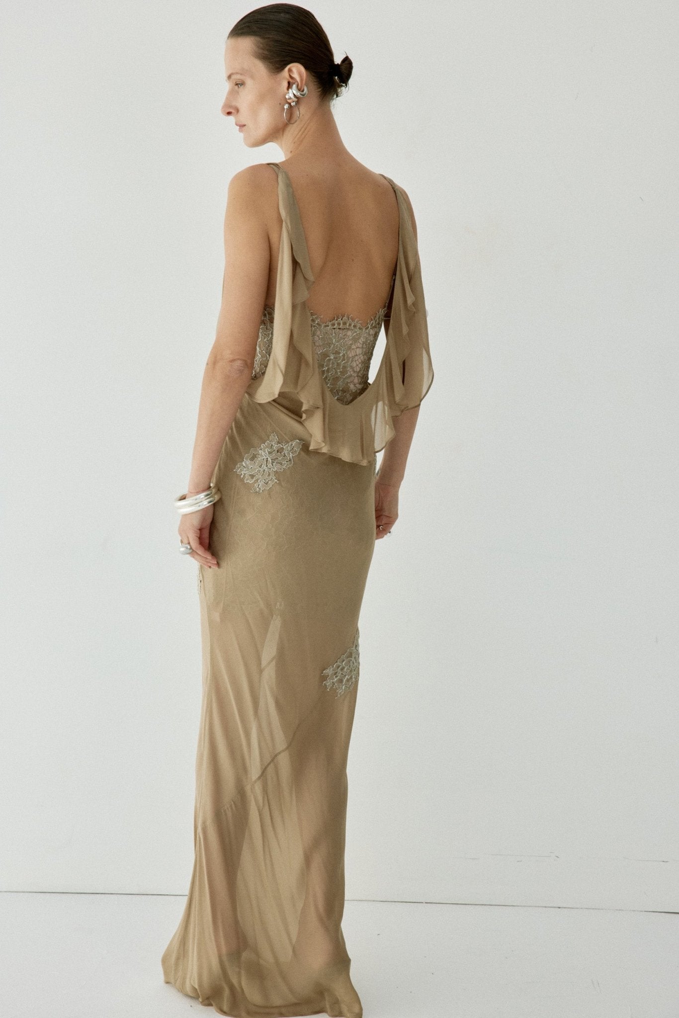 EMERALD MAXI DRESS IN TRUFFLE BROWN LACE