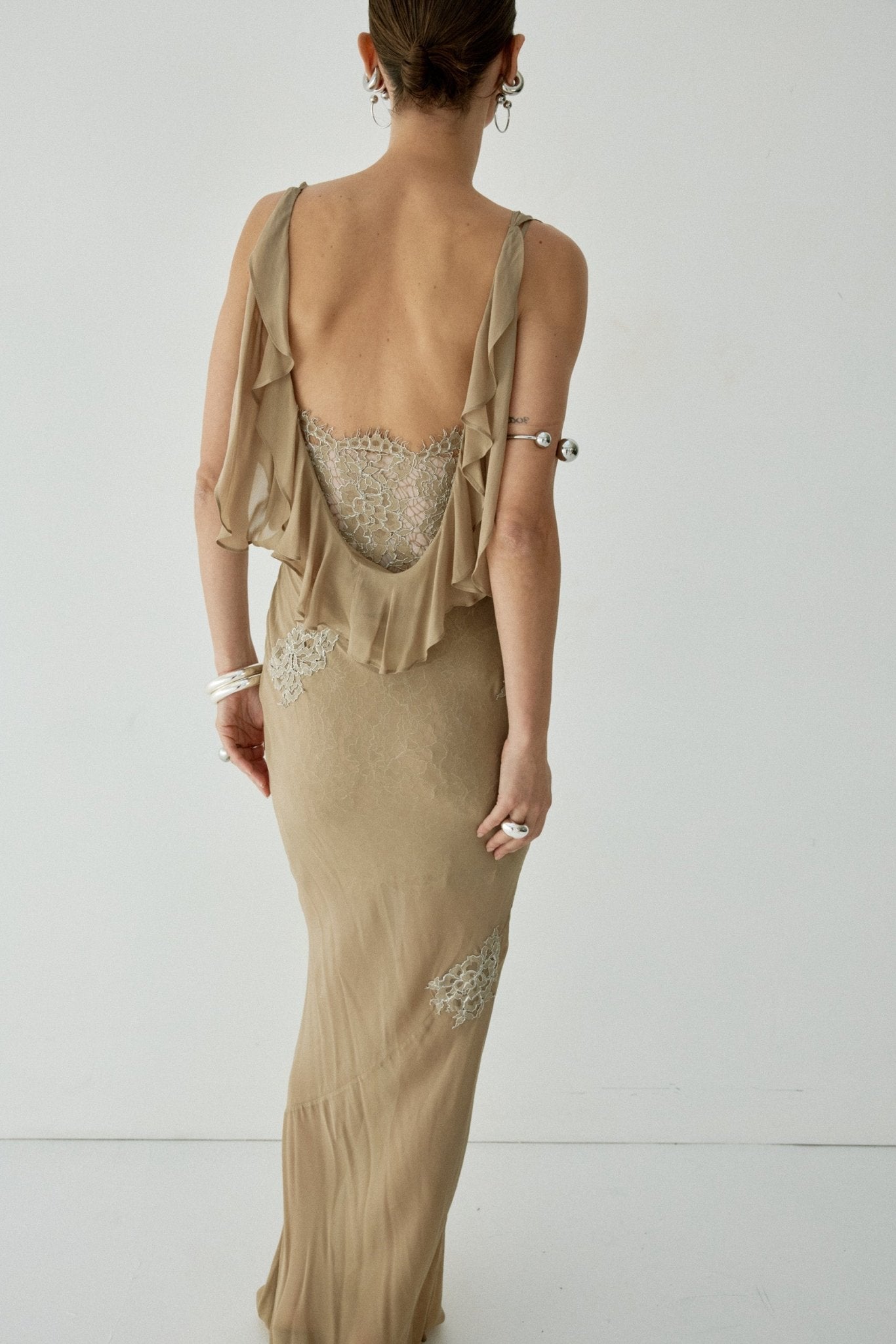 EMERALD MAXI DRESS IN TRUFFLE BROWN LACE