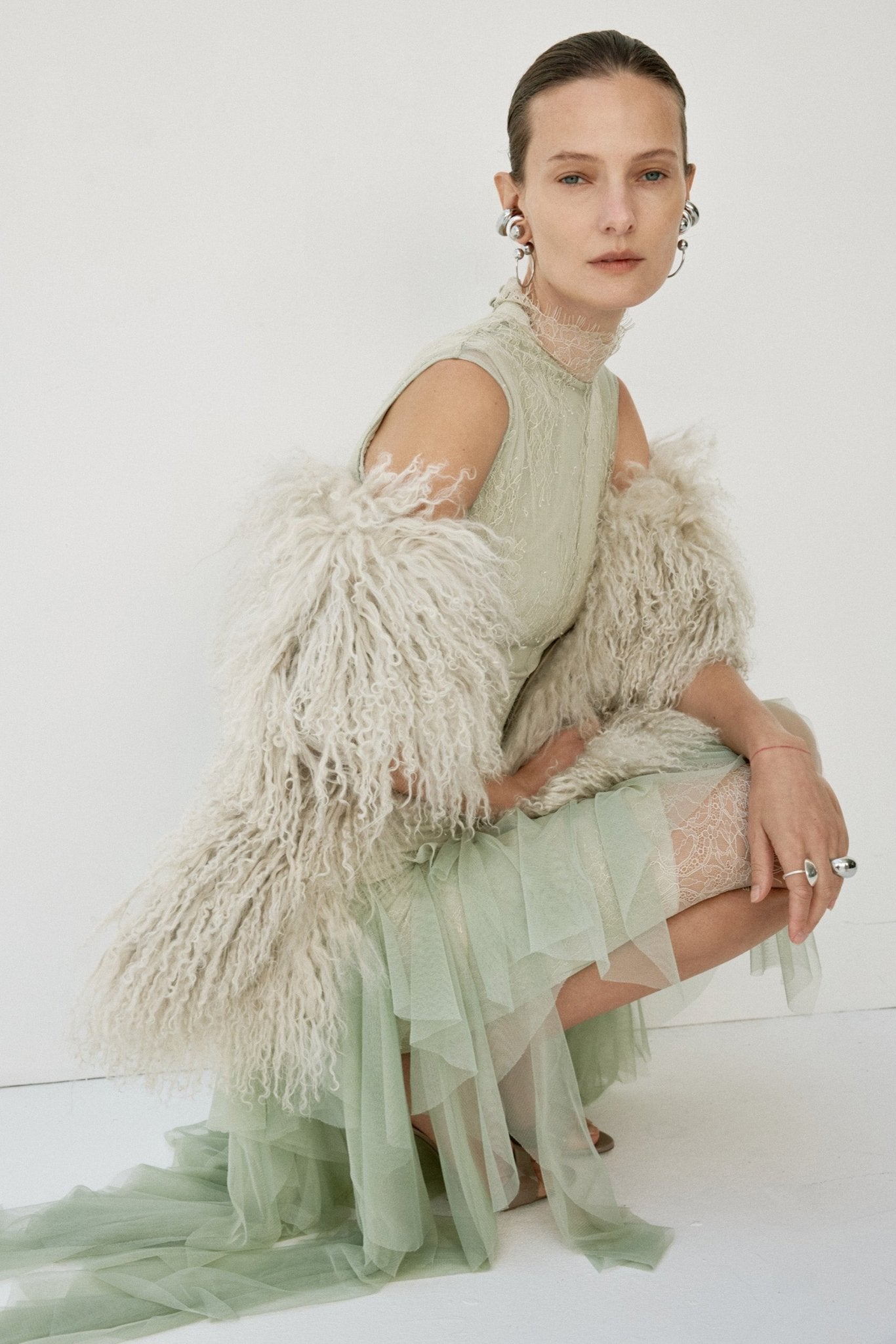 MORWEN MIDI DRESS IN STONE BEIGE & SAGE GREEN FINE LACE