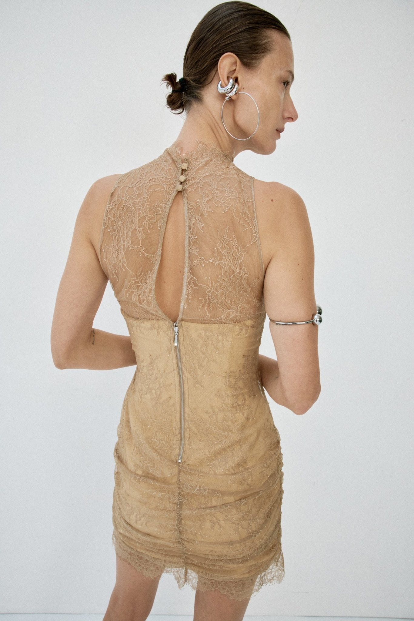 APATITE MINI DRESS IN TRUFFLE BROWN FINE LACE