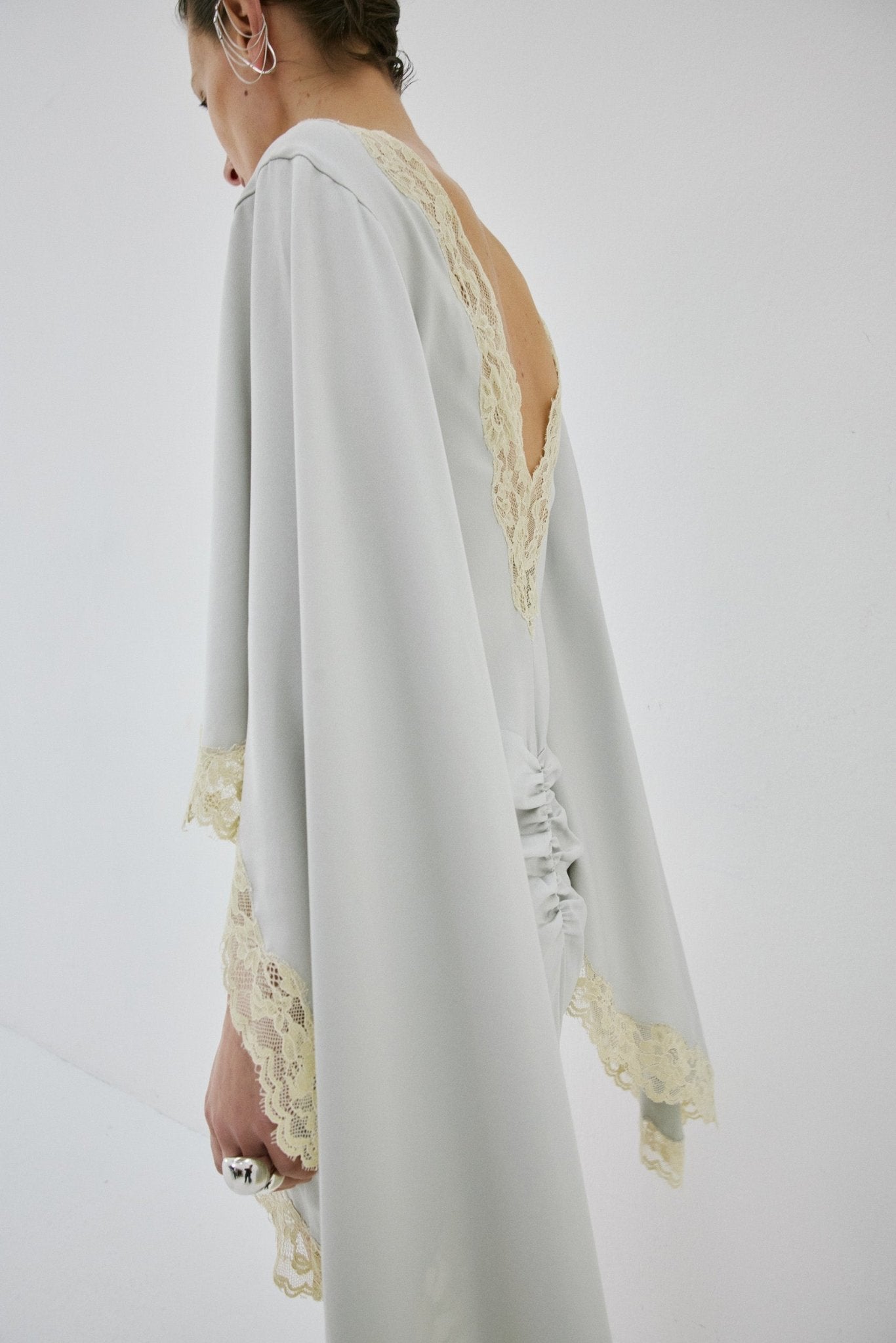 ASTRAL MINI DRESS IN STONE BEIGE AND SOFT YELLOW SATIN - De La Vali