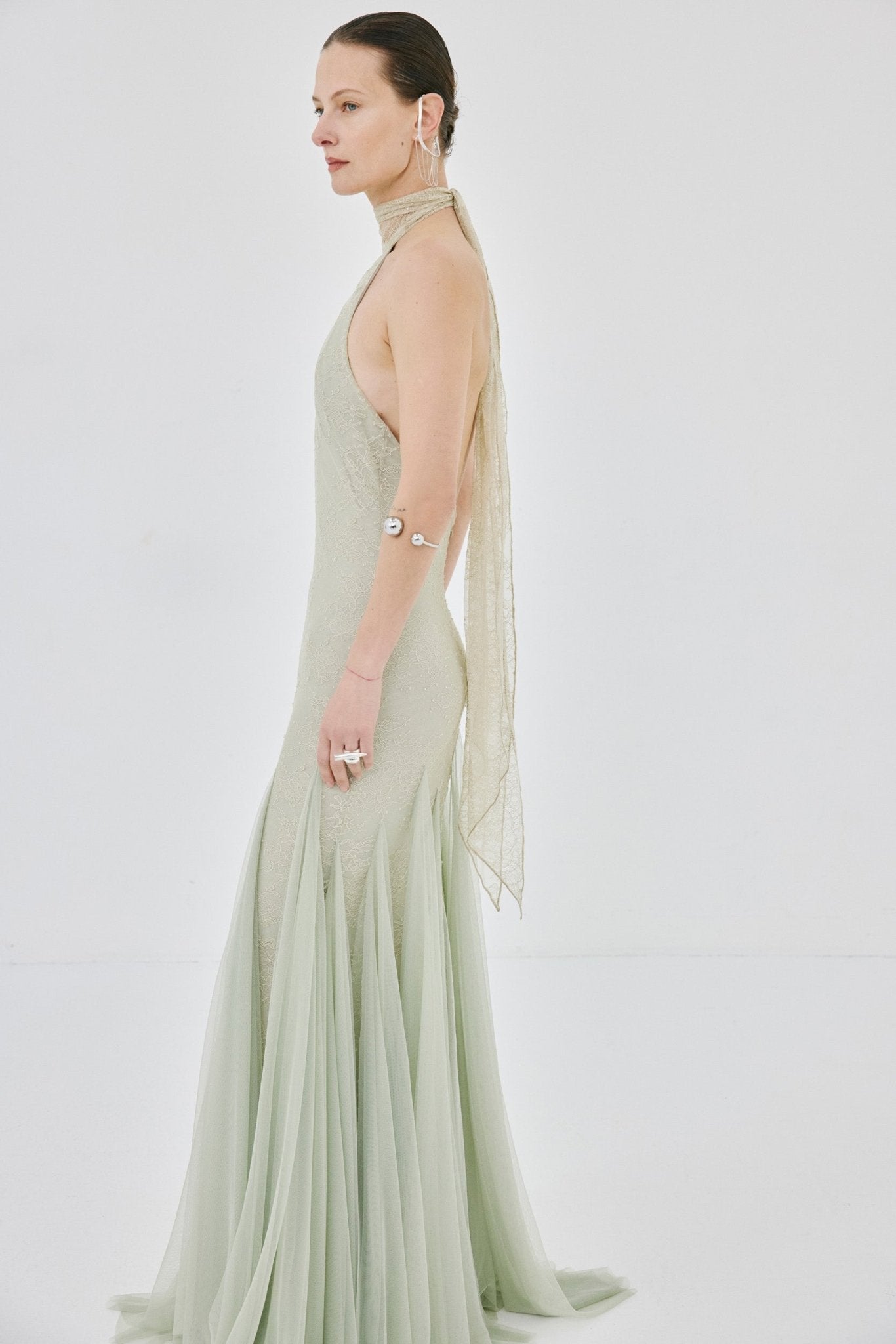 ELOWEN MAXI DRESS IN STONE BEIGE AND SAGE GREEN FINE LACE