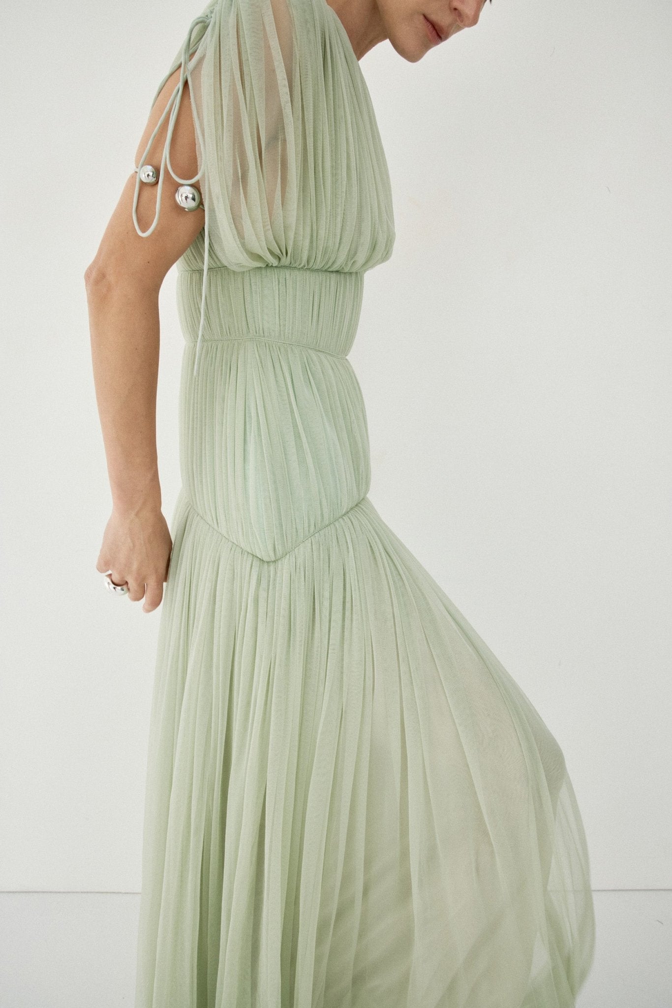 NYMERA MAXI DRESS IN SAGE GREEN TULLE