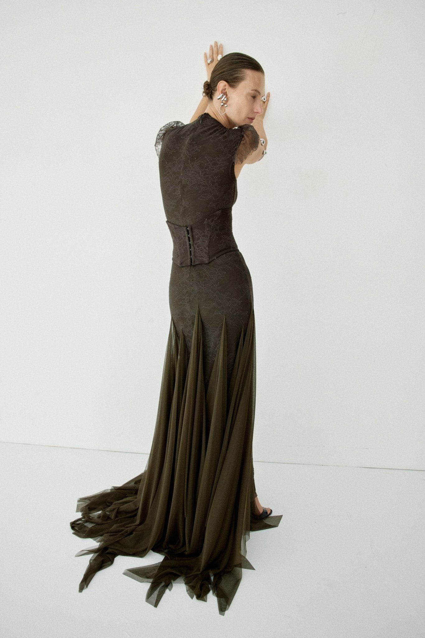 ZEPHYRA MAXI DRESS IN CHOCOLATE BROWN FINE LACE