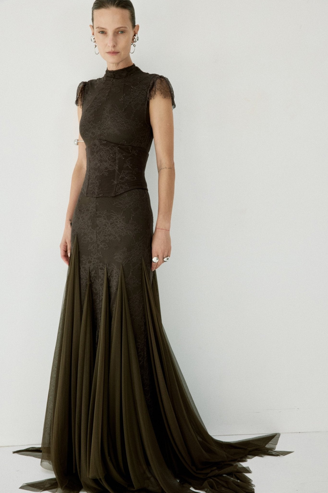ZEPHYRA MAXI DRESS IN CHOCOLATE BROWN FINE LACE