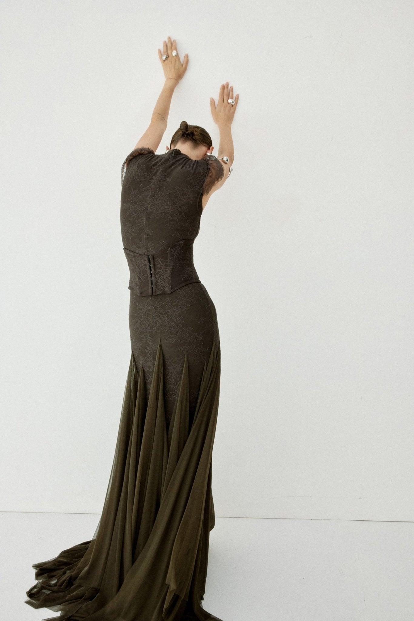 ZEPHYRA MAXI DRESS IN CHOCOLATE BROWN FINE LACE