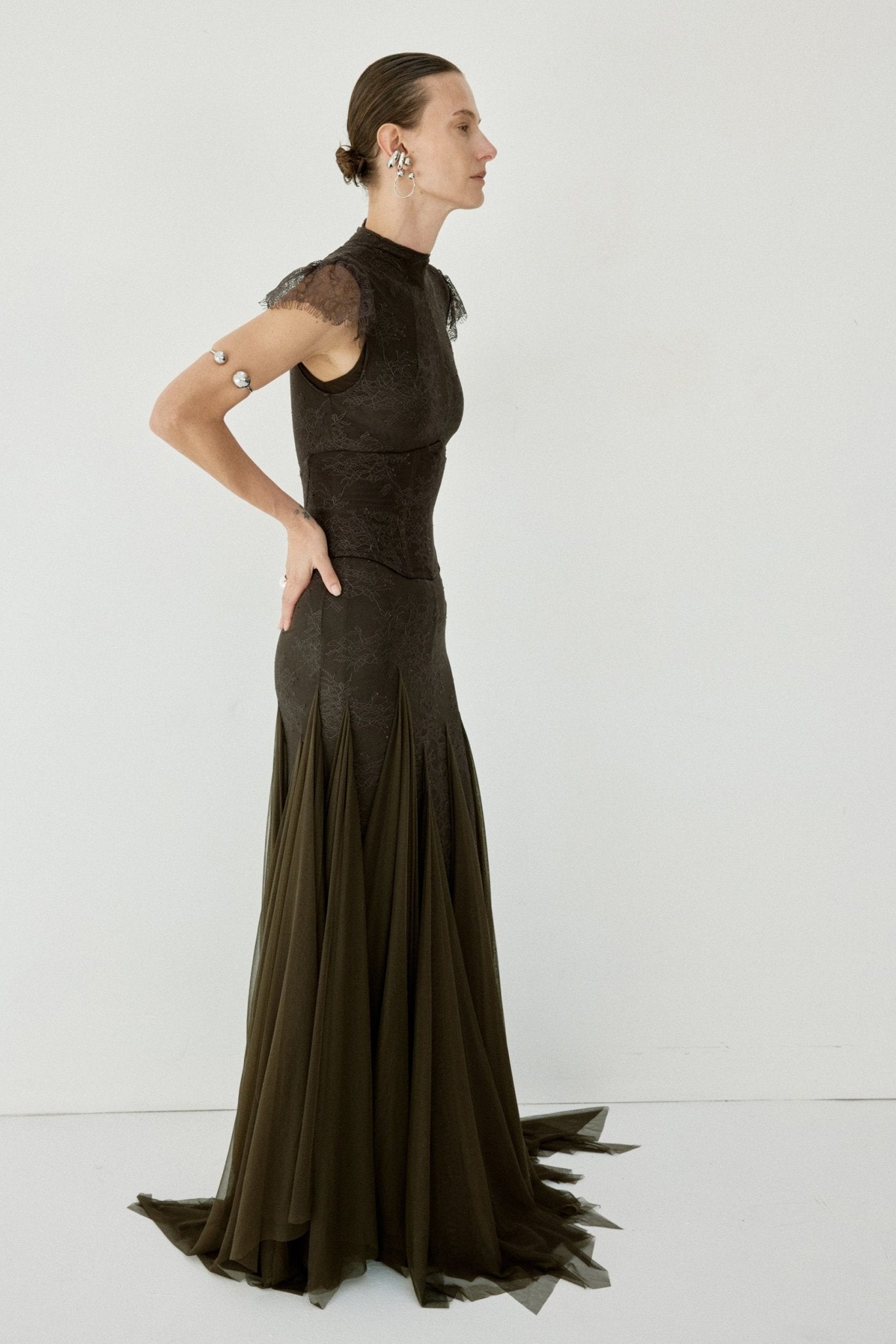 ZEPHYRA MAXI DRESS IN CHOCOLATE BROWN FINE LACE