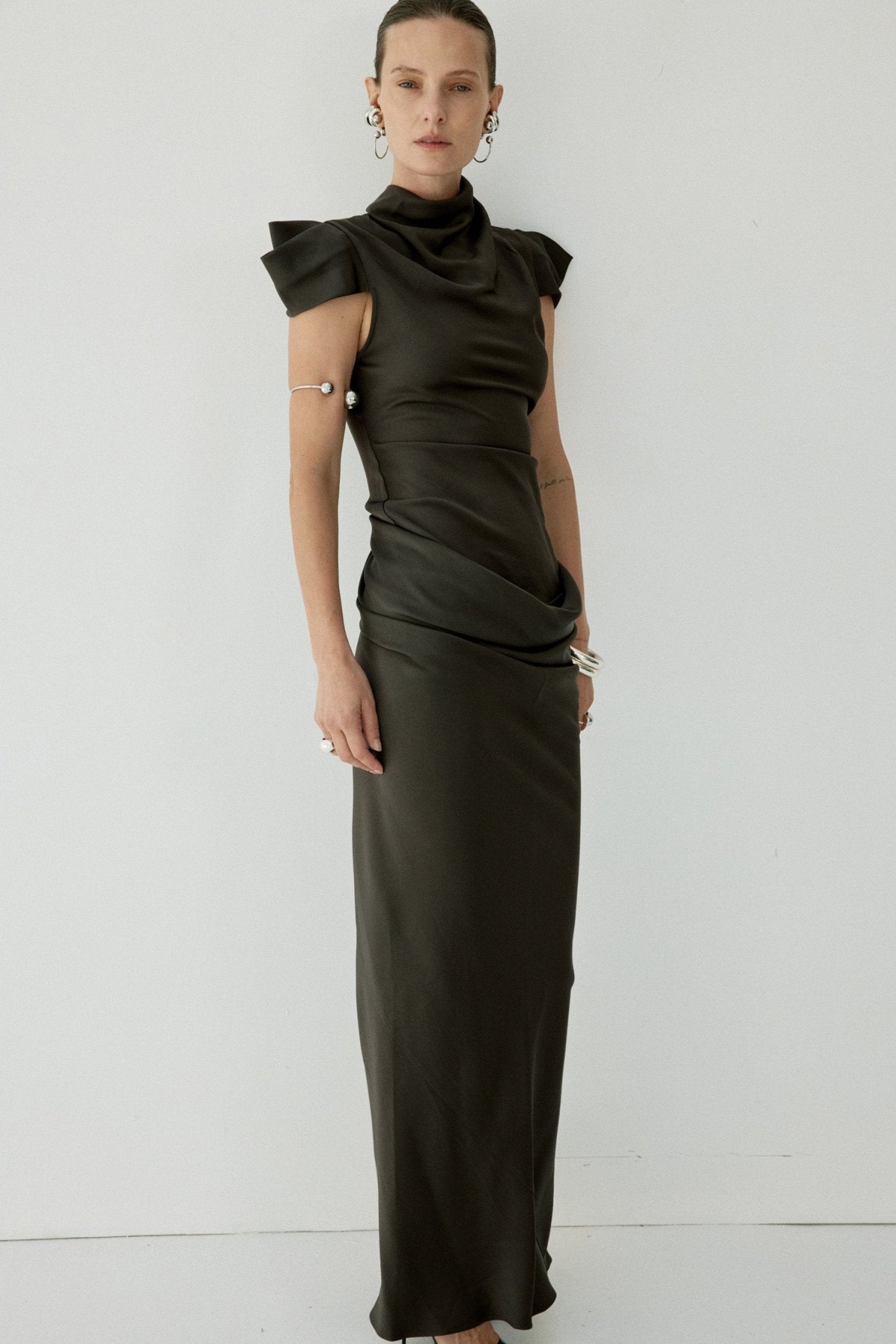 COSIMA MAXI DRESS IN CHOCOLATE BROWN SATIN