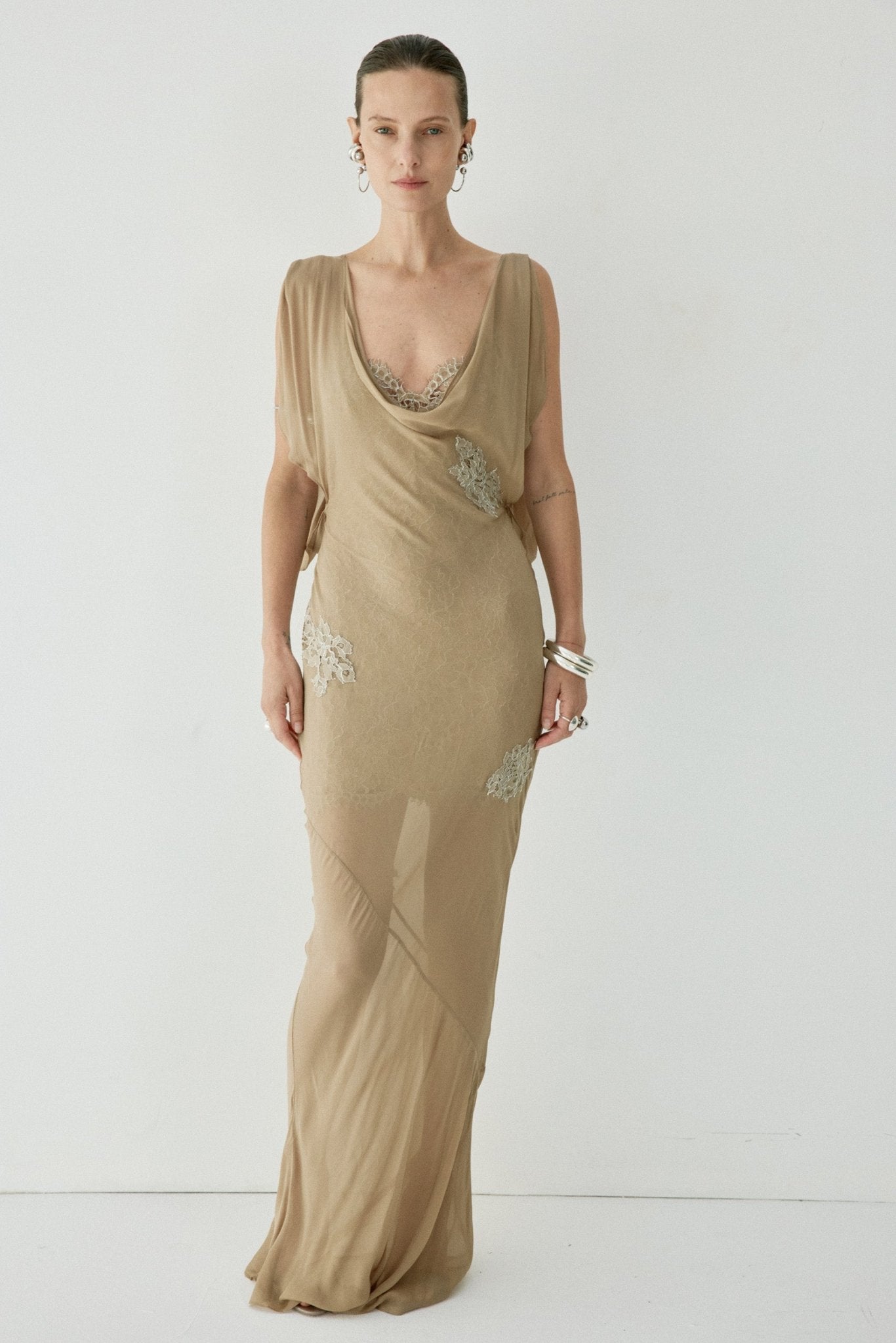 EMERALD MAXI DRESS IN TRUFFLE BROWN LACE