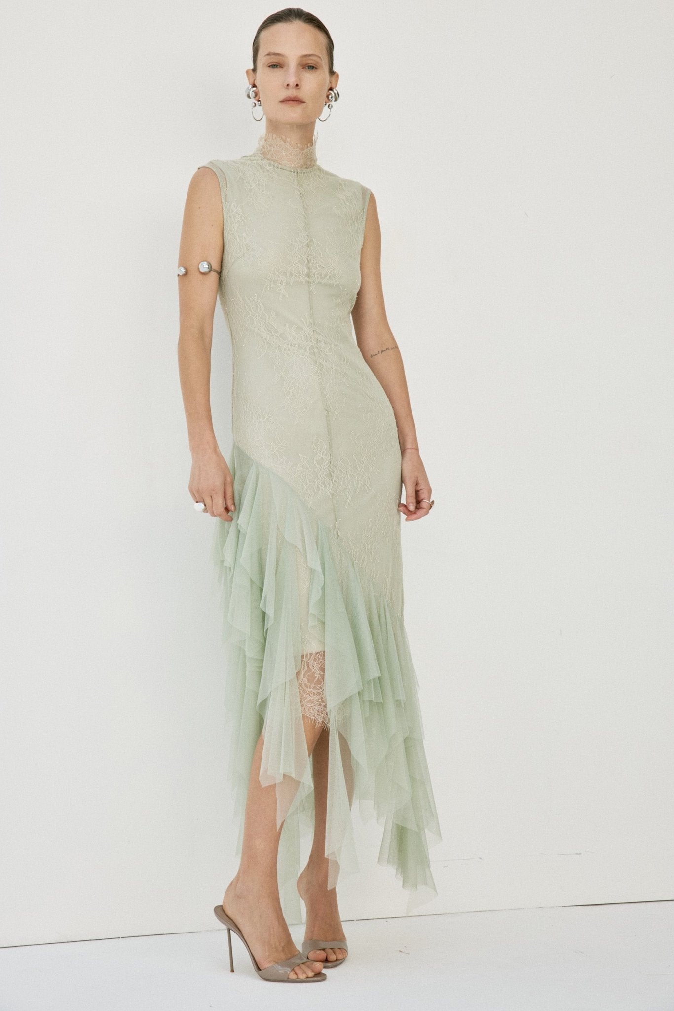 MORWEN MIDI DRESS IN STONE BEIGE & SAGE GREEN FINE LACE