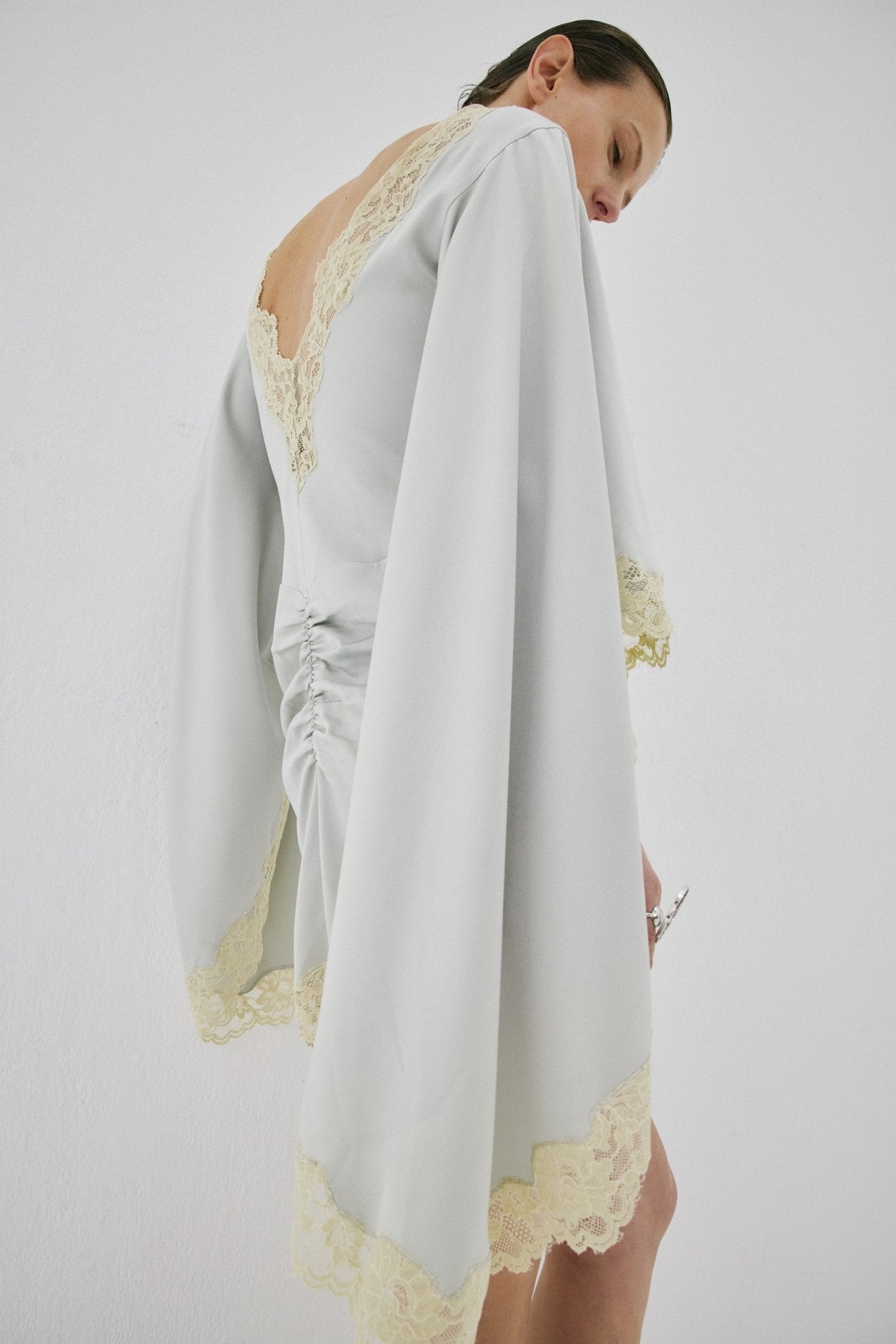 ASTRAL MINI DRESS IN STONE BEIGE AND SOFT YELLOW SATIN - De La Vali