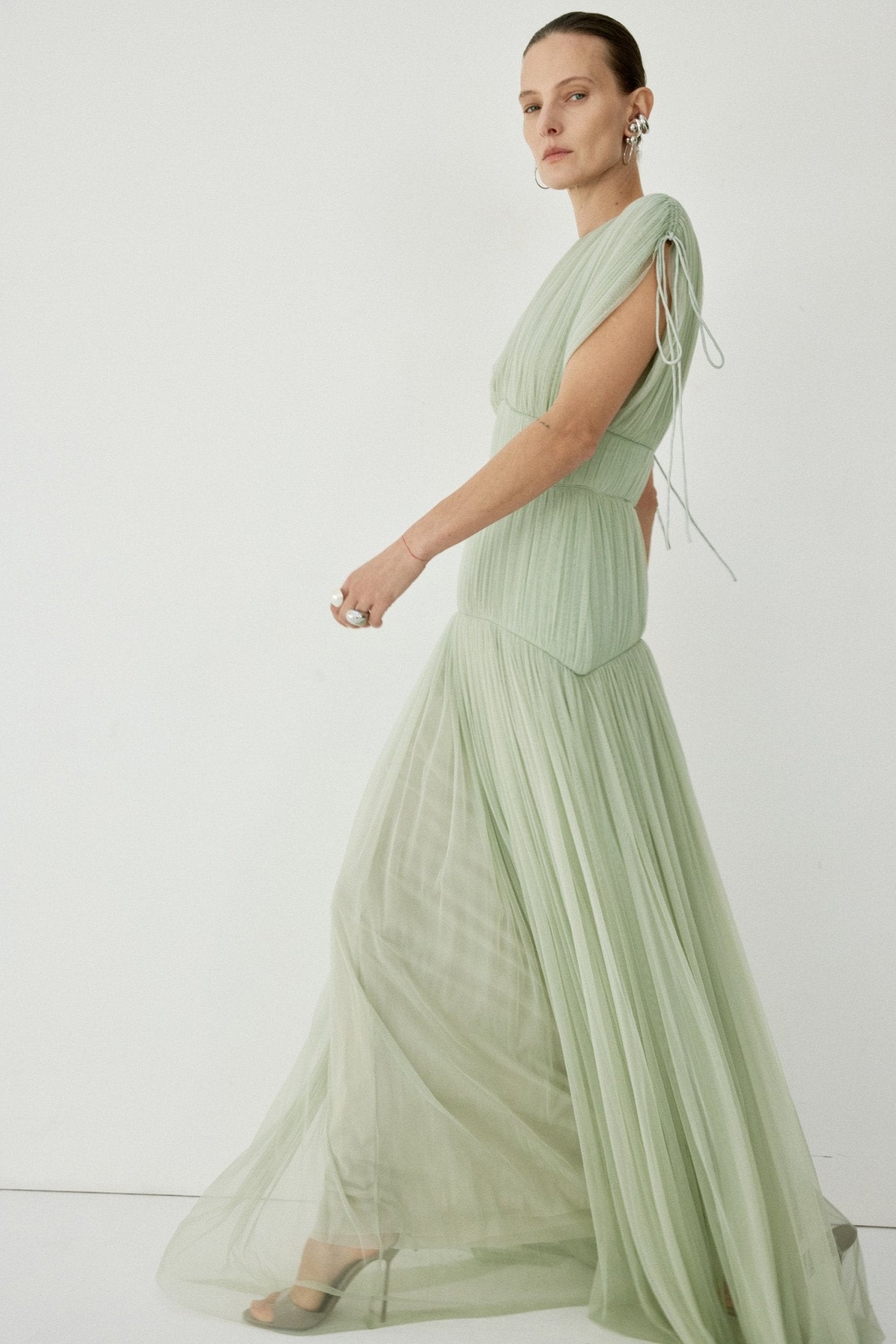 NYMERA MAXI DRESS IN SAGE GREEN TULLE
