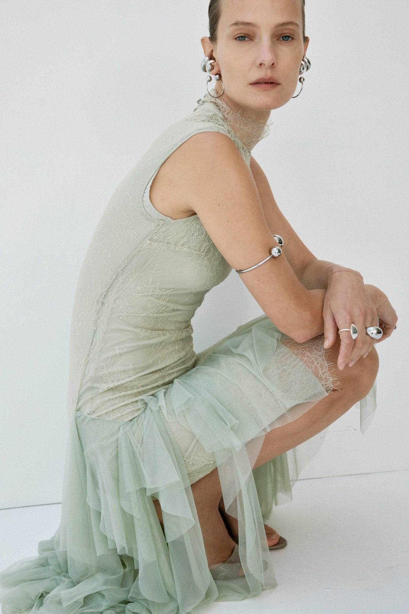 MORWEN MIDI DRESS IN STONE BEIGE & SAGE GREEN FINE LACE