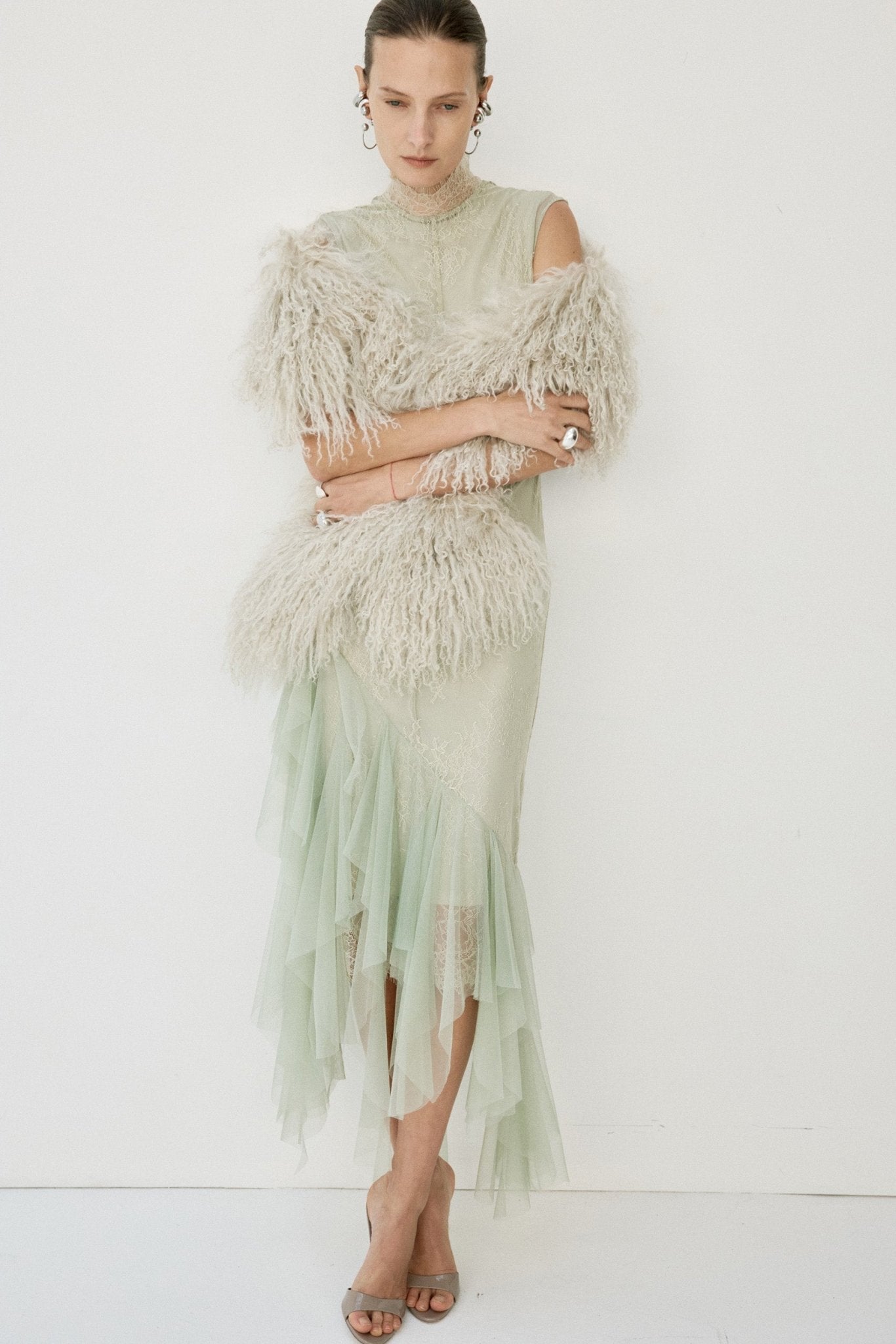 MORWEN MIDI DRESS IN STONE BEIGE & SAGE GREEN FINE LACE