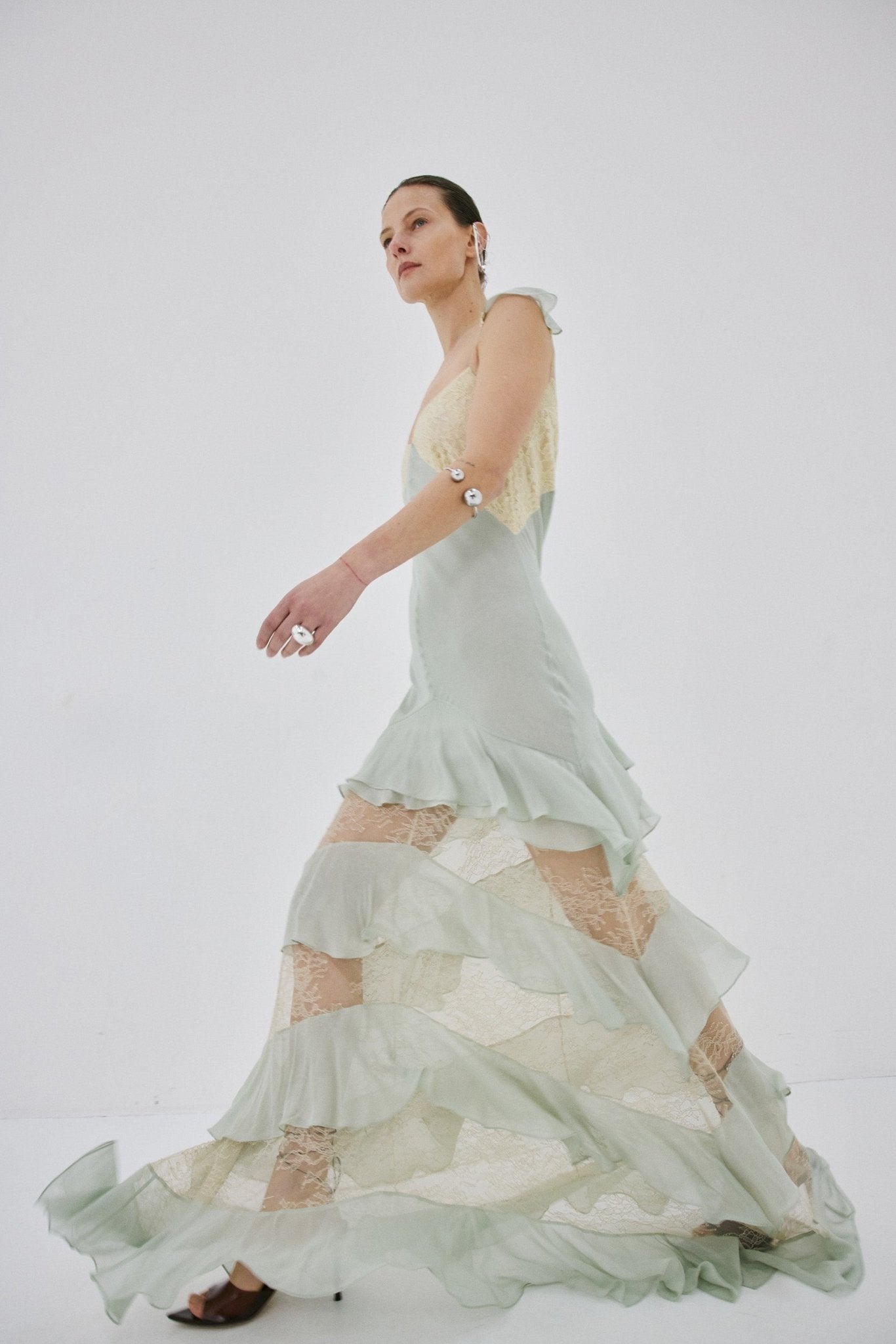 AURALITE MAXI DRESS IN SAGE GREEN AND SOFT YELLOW