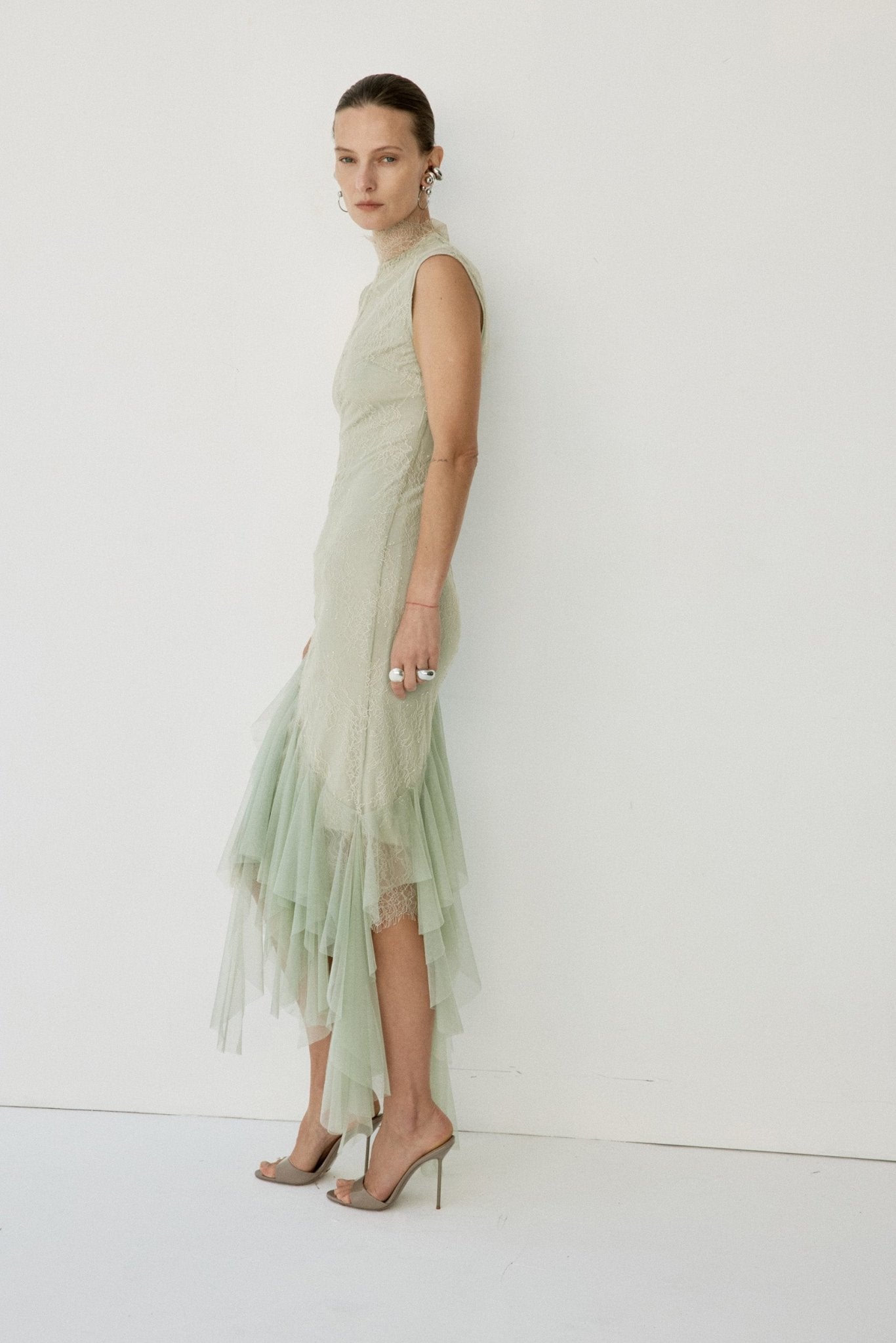 MORWEN MIDI DRESS IN STONE BEIGE & SAGE GREEN FINE LACE