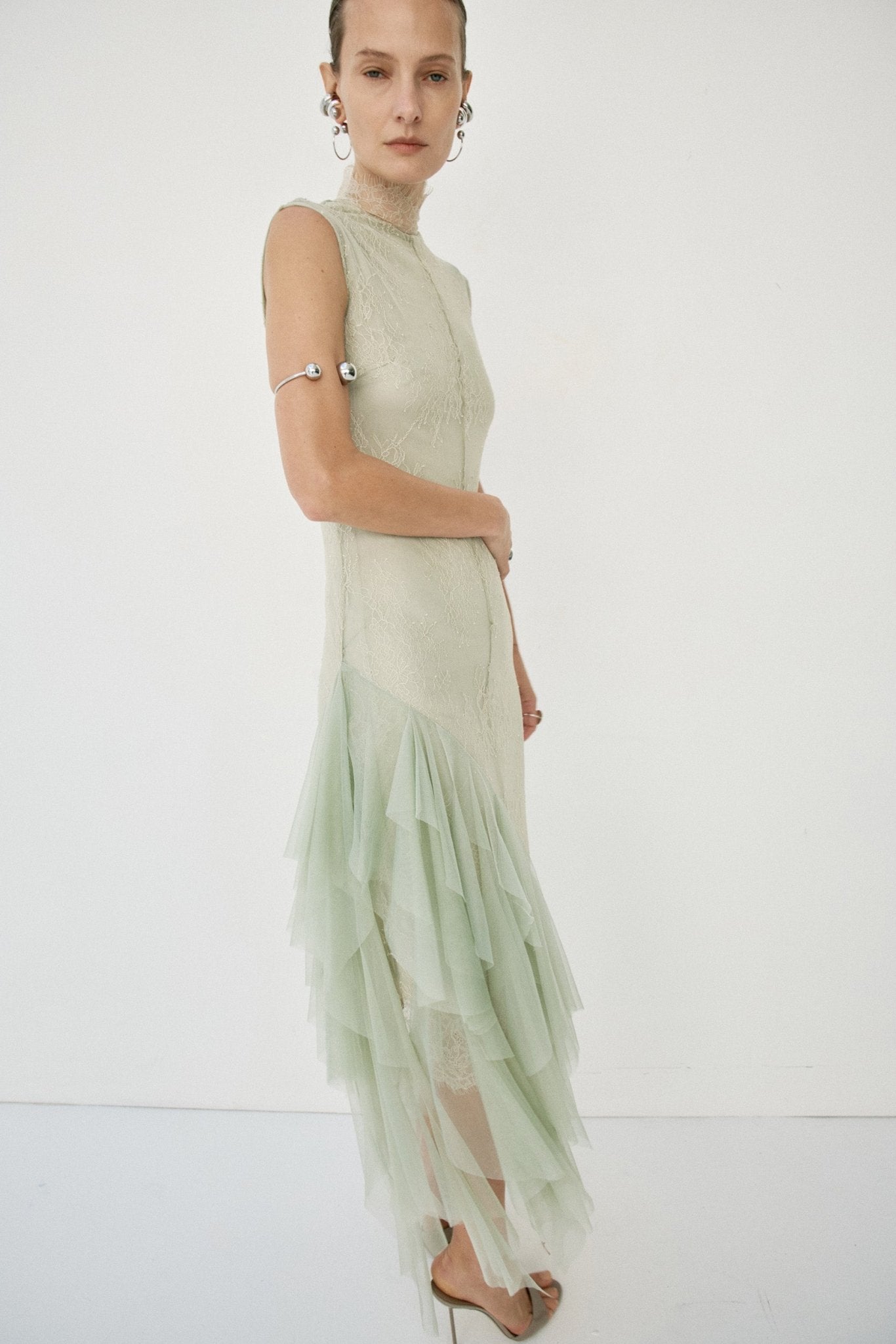 MORWEN MIDI DRESS IN STONE BEIGE & SAGE GREEN FINE LACE
