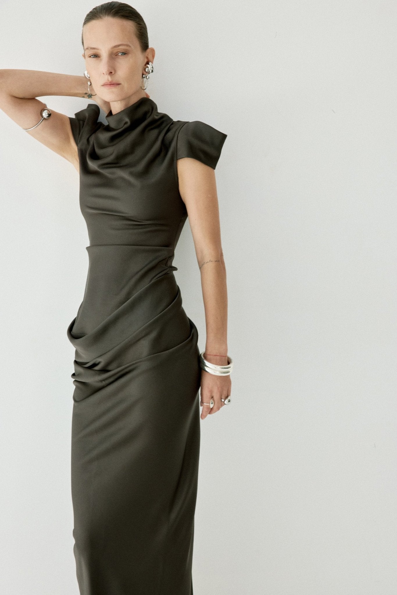COSIMA MAXI DRESS IN CHOCOLATE BROWN SATIN