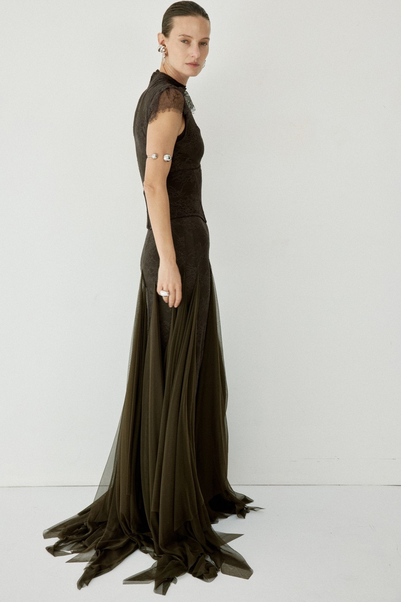 ZEPHYRA MAXI DRESS IN CHOCOLATE BROWN FINE LACE