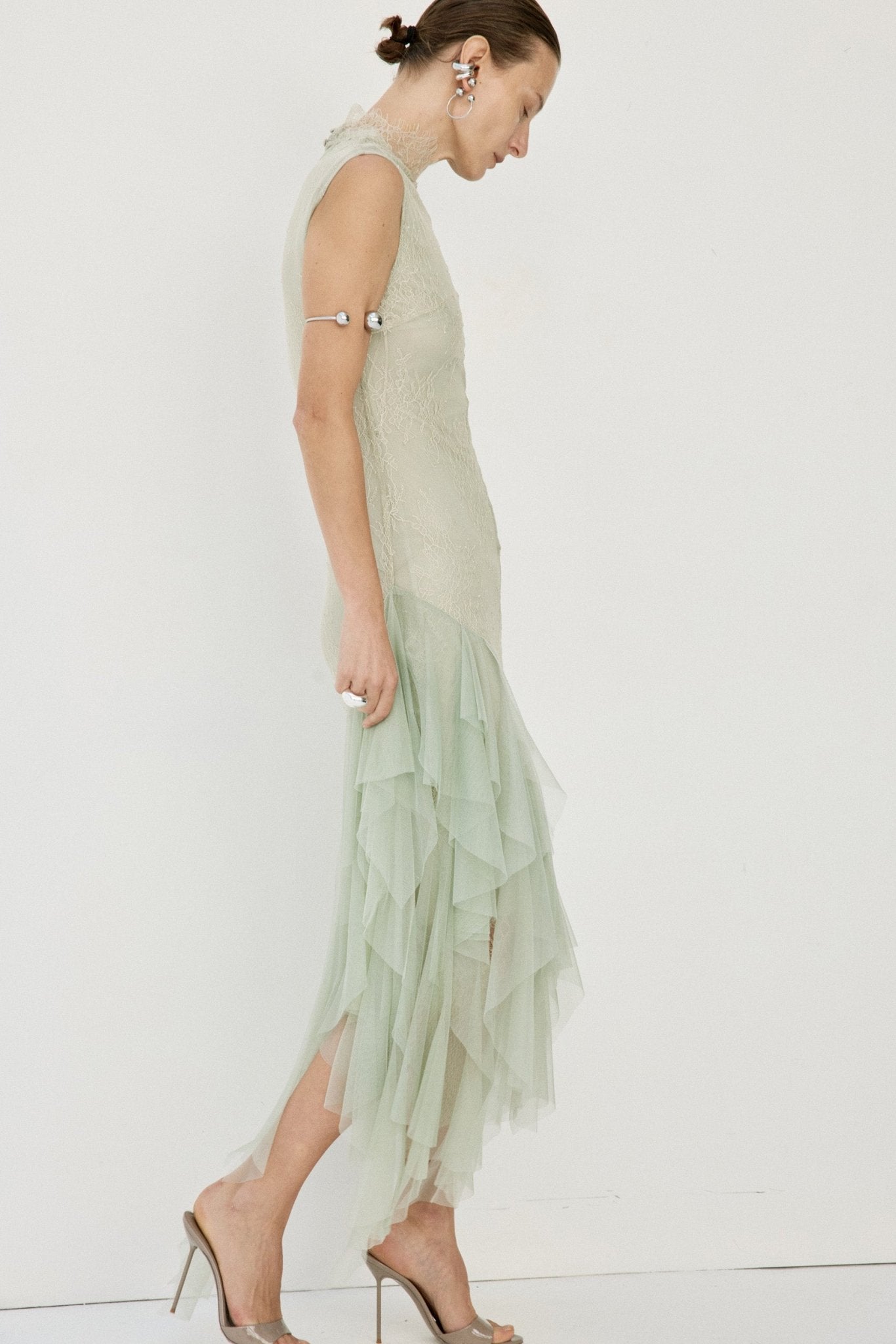 MORWEN MIDI DRESS IN STONE BEIGE & SAGE GREEN FINE LACE