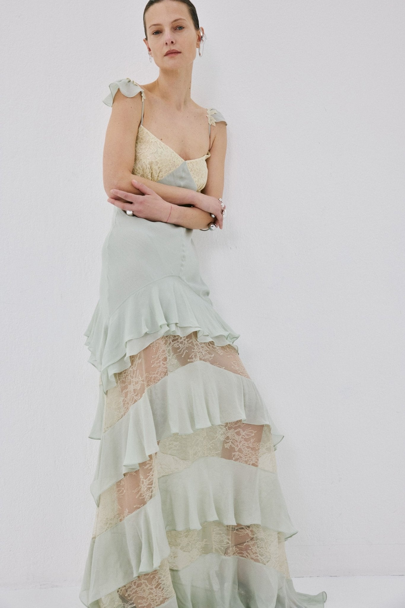 AURALITE MAXI DRESS IN SAGE GREEN AND SOFT YELLOW