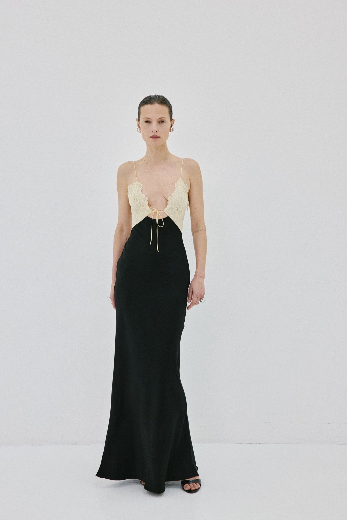 MAEVE MAXI DRESS IN BLACK AND SOFT YELLOW SATIN