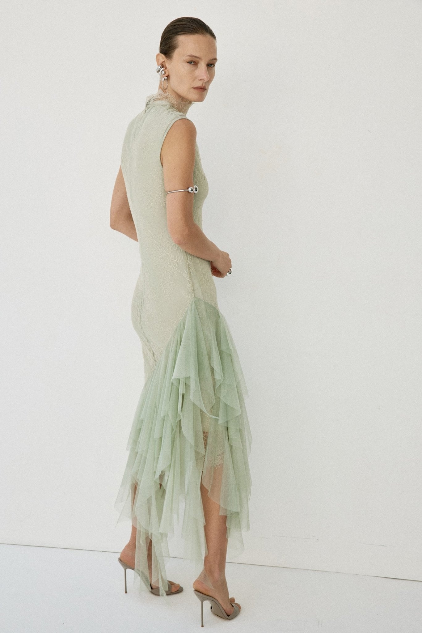 MORWEN MIDI DRESS IN STONE BEIGE & SAGE GREEN FINE LACE