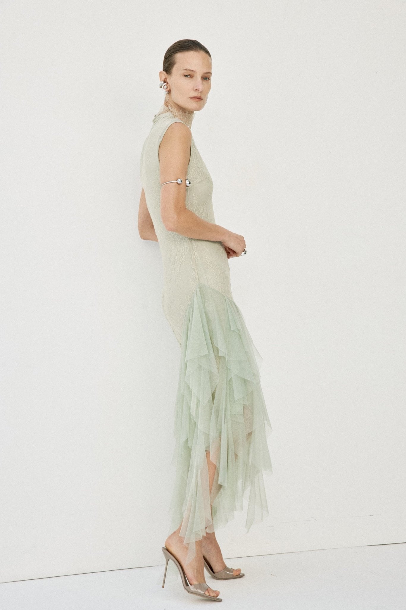 MORWEN MIDI DRESS IN STONE BEIGE & SAGE GREEN FINE LACE