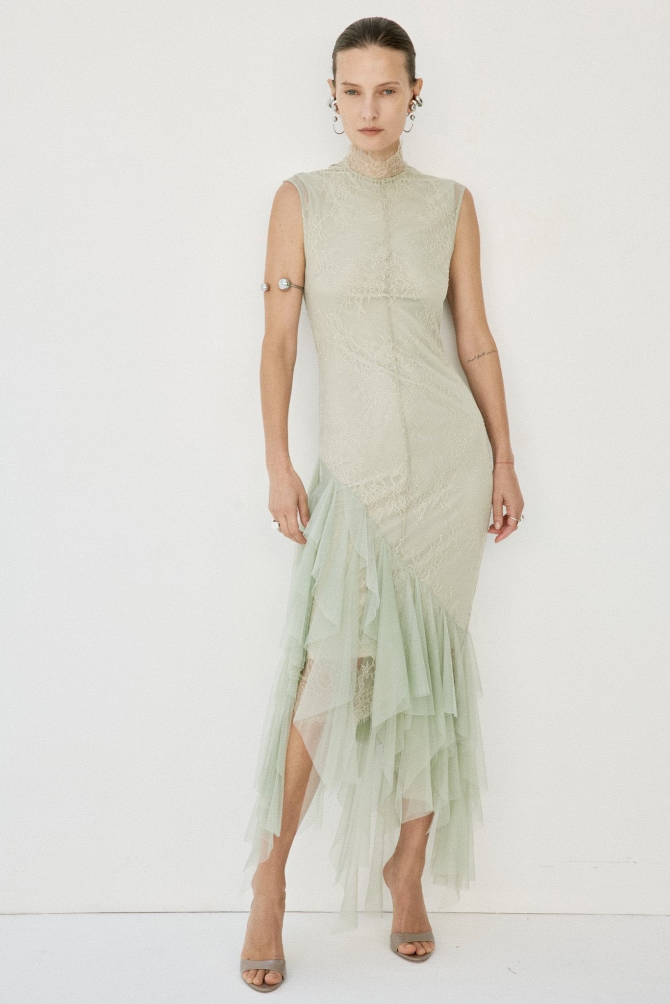 MORWEN MIDI DRESS IN STONE BEIGE & SAGE GREEN FINE LACE