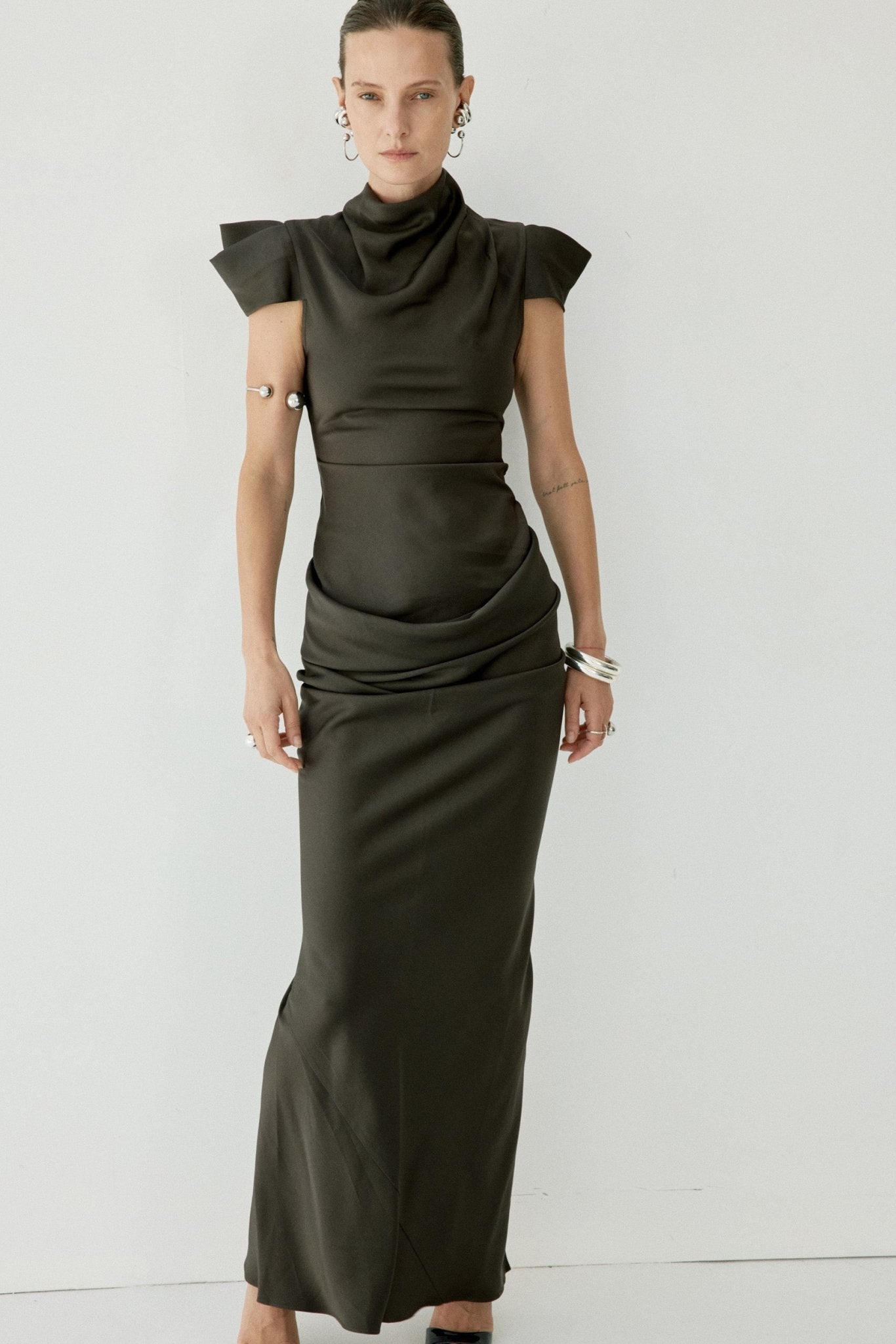 COSIMA MAXI DRESS IN CHOCOLATE BROWN SATIN