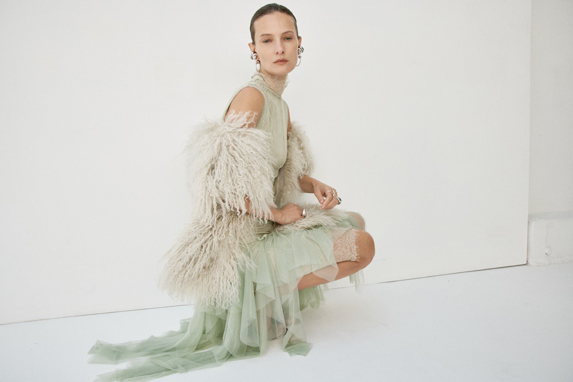 MORWEN MIDI DRESS IN STONE BEIGE & SAGE GREEN FINE LACE