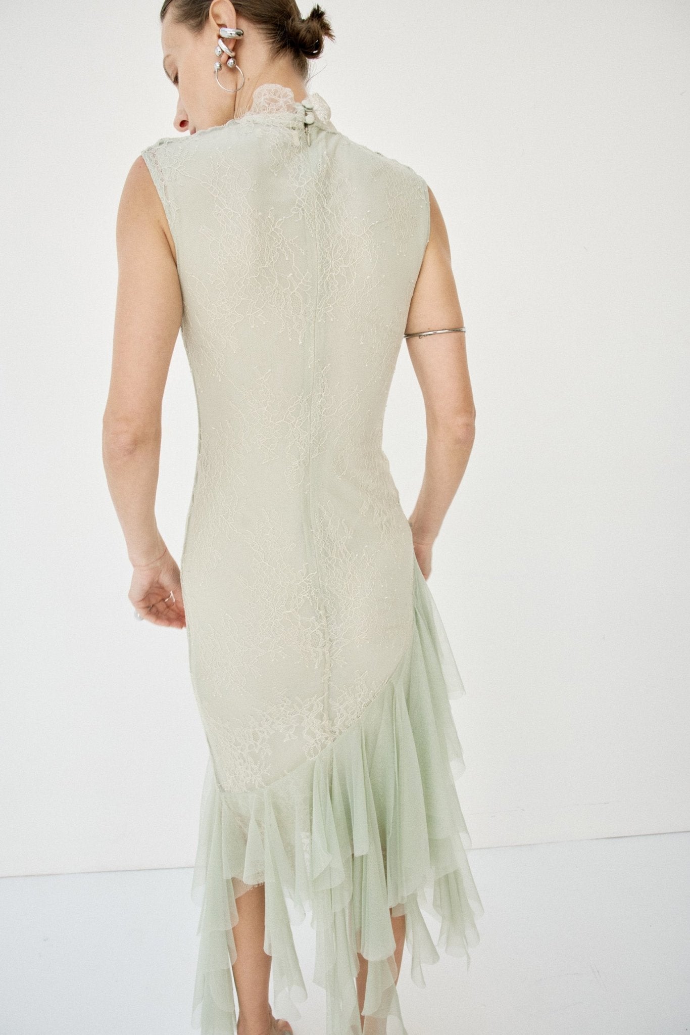 MORWEN MIDI DRESS IN STONE BEIGE & SAGE GREEN FINE LACE