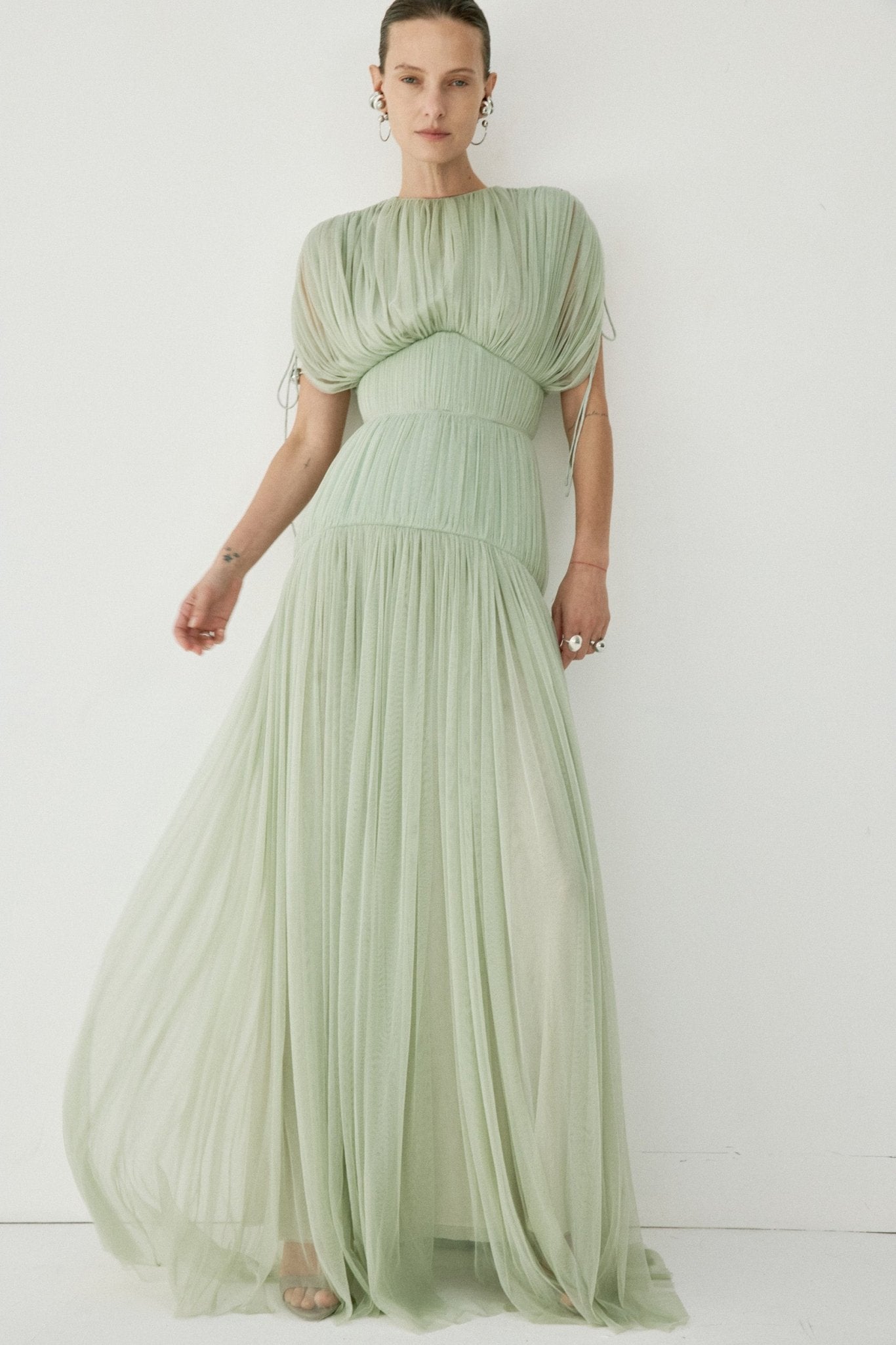 NYMERA MAXI DRESS IN SAGE GREEN TULLE