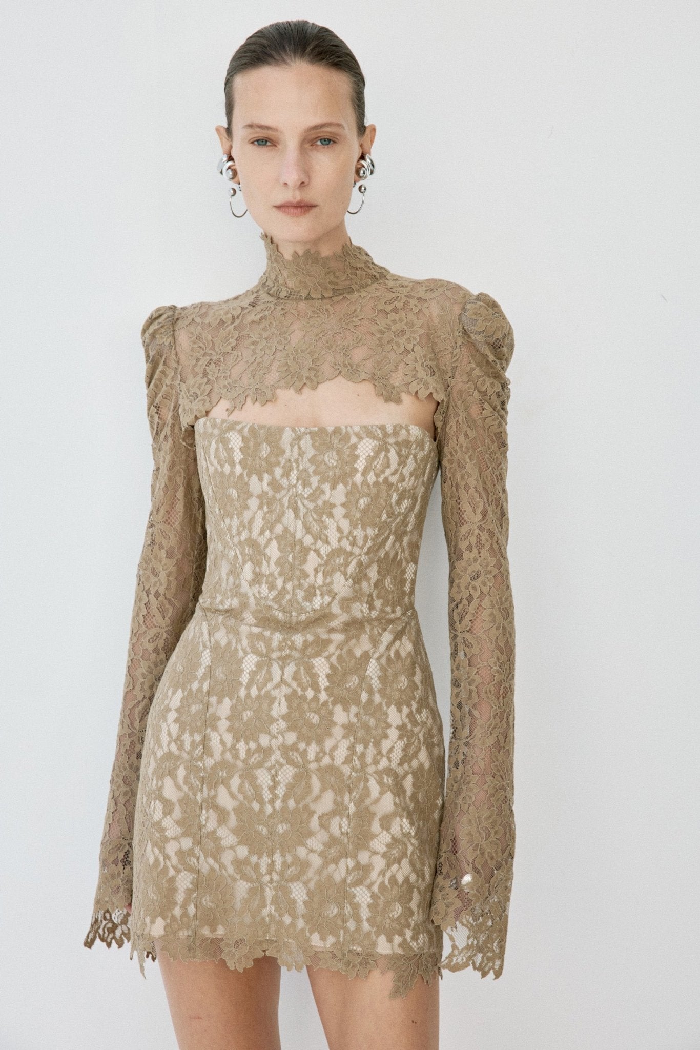 VIRESCO MINI DRESS IN TRUFFLE BROWN LACE - De La Vali