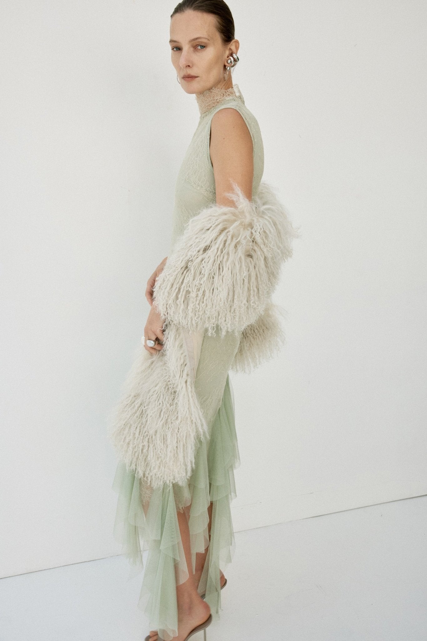 MORWEN MIDI DRESS IN STONE BEIGE & SAGE GREEN FINE LACE