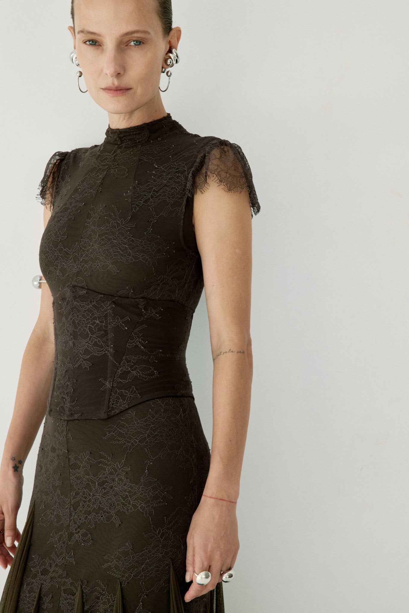 ZEPHYRA MAXI DRESS IN CHOCOLATE BROWN FINE LACE