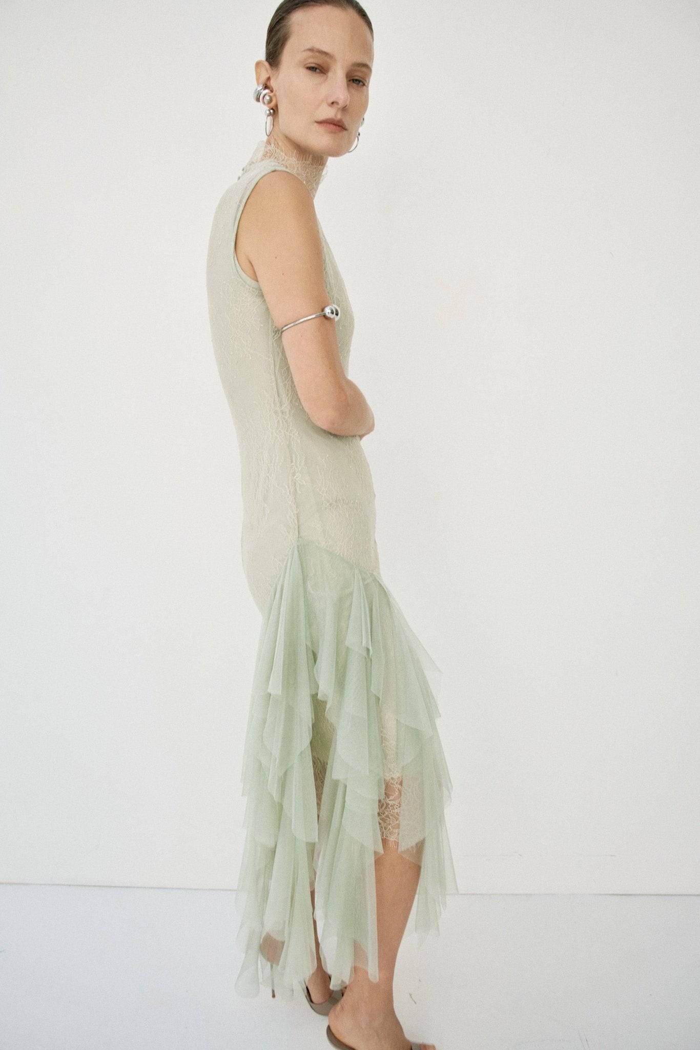 MORWEN MIDI DRESS IN STONE BEIGE & SAGE GREEN FINE LACE