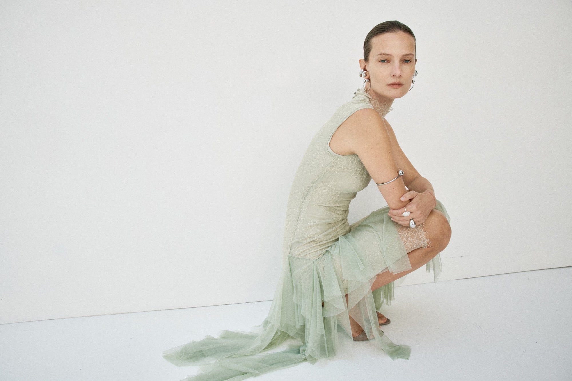MORWEN MIDI DRESS IN STONE BEIGE & SAGE GREEN FINE LACE