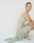 MORWEN MIDI DRESS IN STONE BEIGE & SAGE GREEN FINE LACE