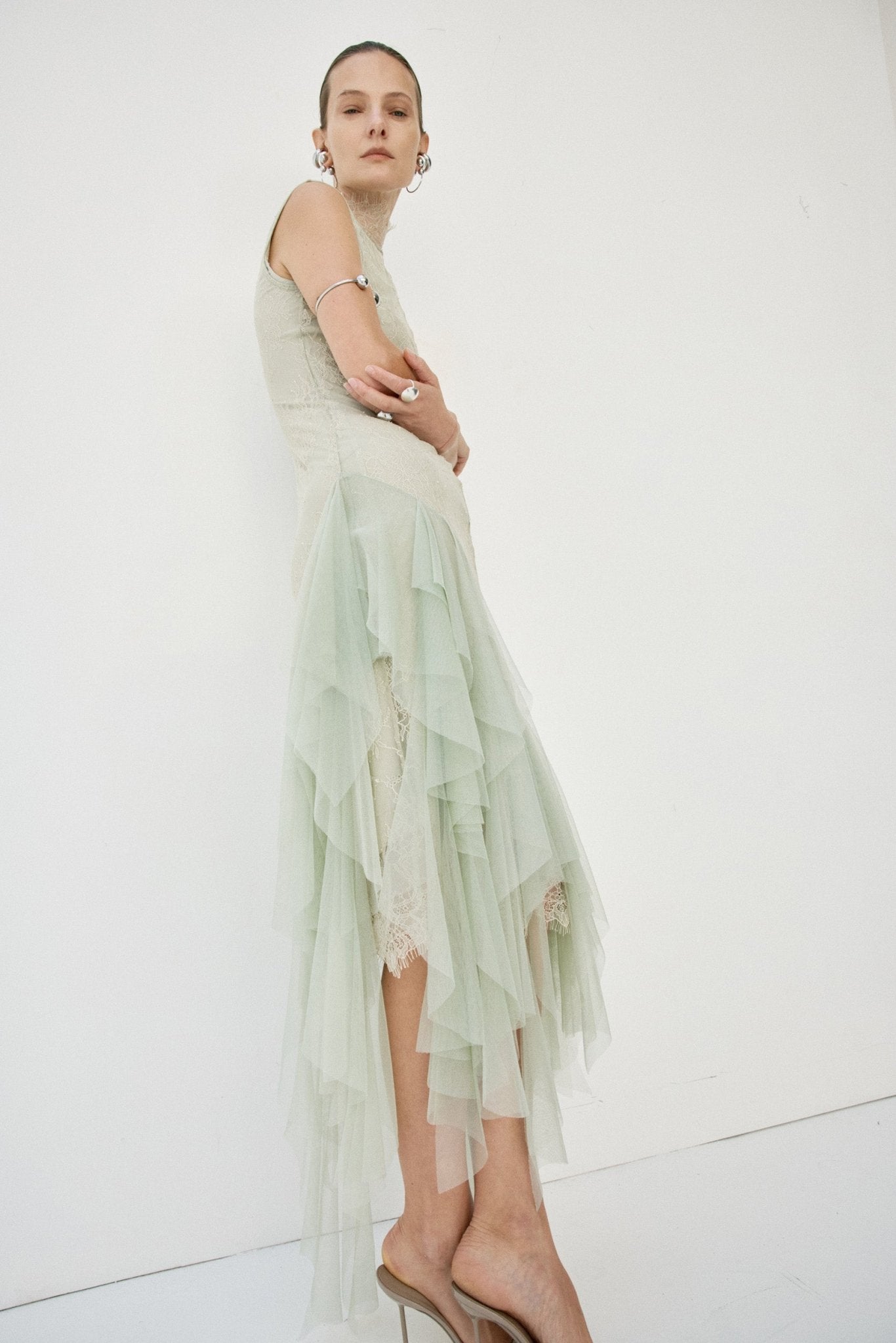 MORWEN MIDI DRESS IN STONE BEIGE & SAGE GREEN FINE LACE