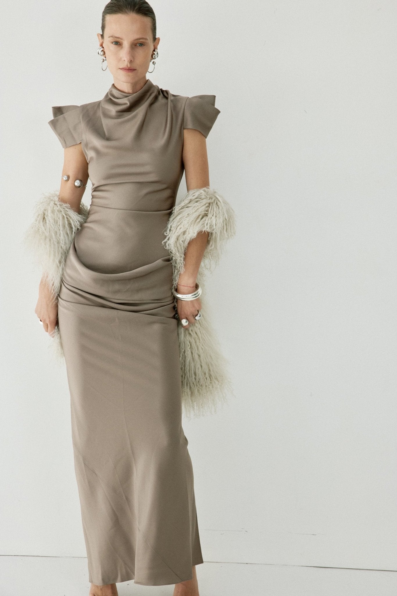 COSIMA MAXI DRESS IN TRUFFLE BROWN SATIN