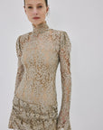 AGARTHA MINI DRESS IN TRUFFLE BROWN METALLIC LACE - De La Vali