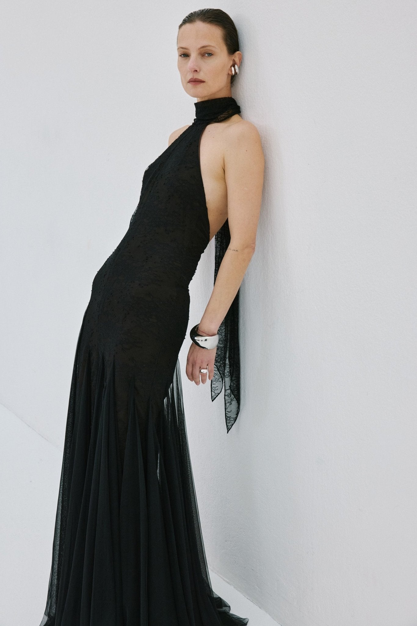 ELOWEN MAXI DRESS IN BLACK FINE LACE