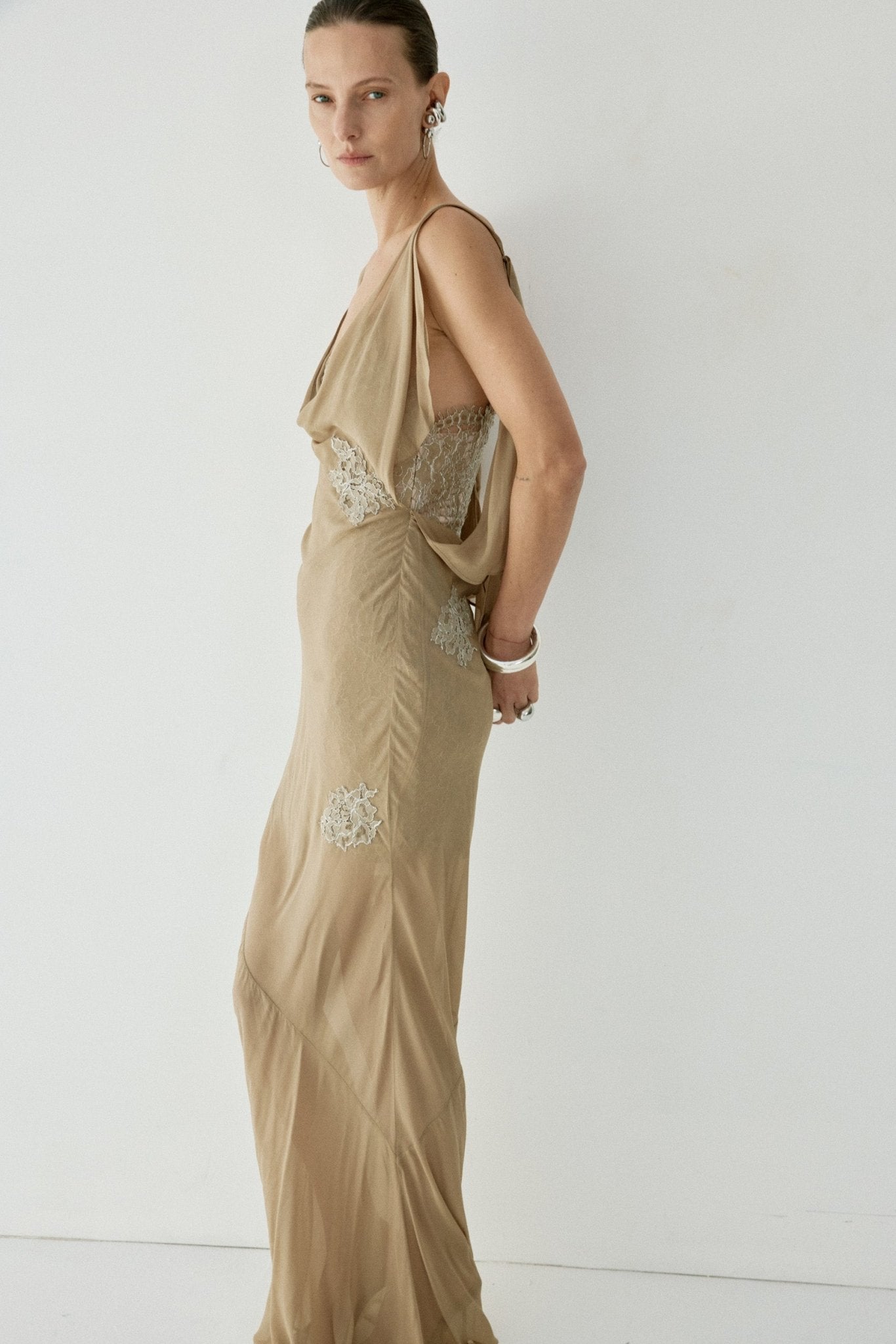 EMERALD MAXI DRESS IN TRUFFLE BROWN LACE
