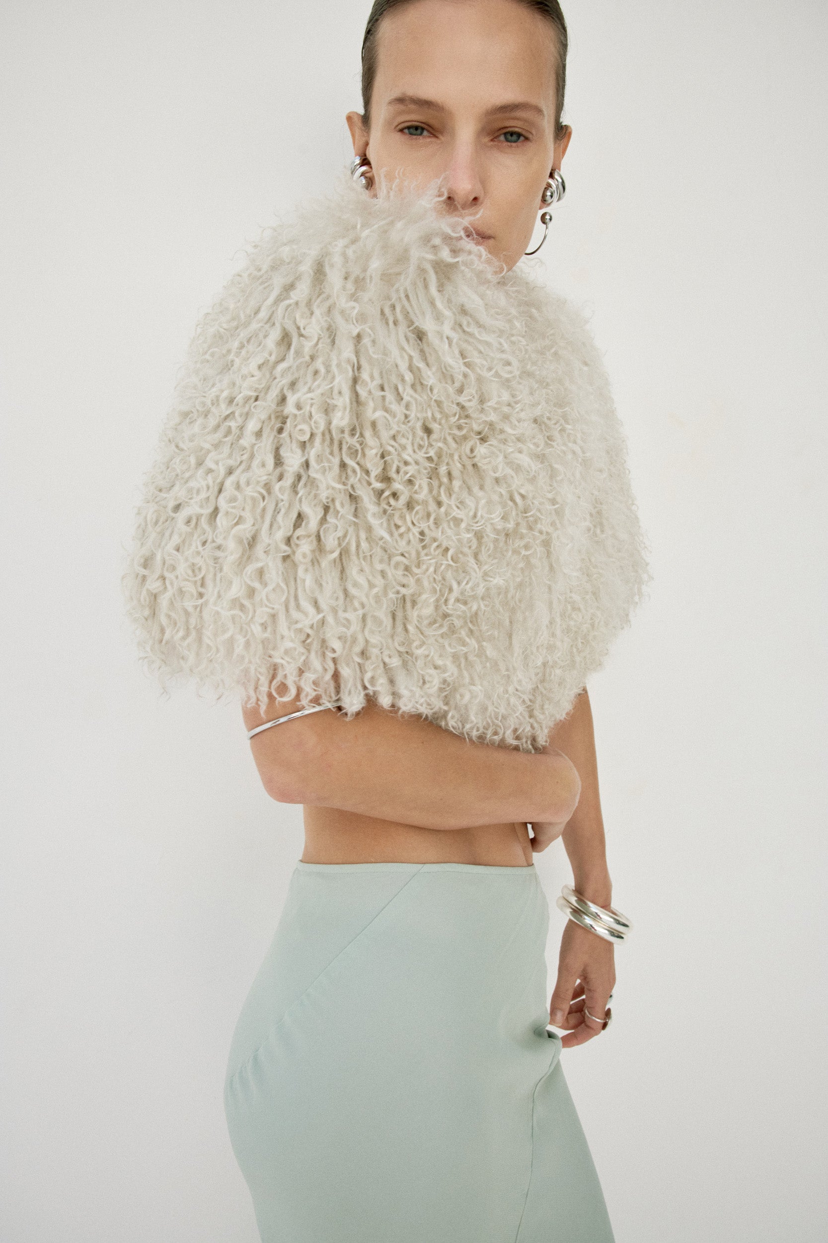SELENE FUR CAPELET IN CREAM MONGOLIAN FUR