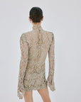 AGARTHA MINI DRESS IN TRUFFLE BROWN METALLIC LACE - De La Vali