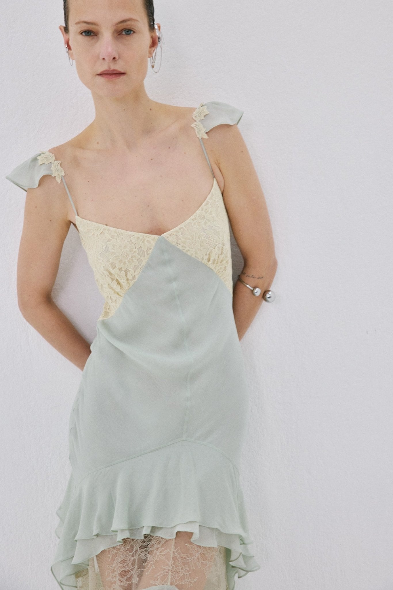 AURALITE MAXI DRESS IN SAGE GREEN AND SOFT YELLOW