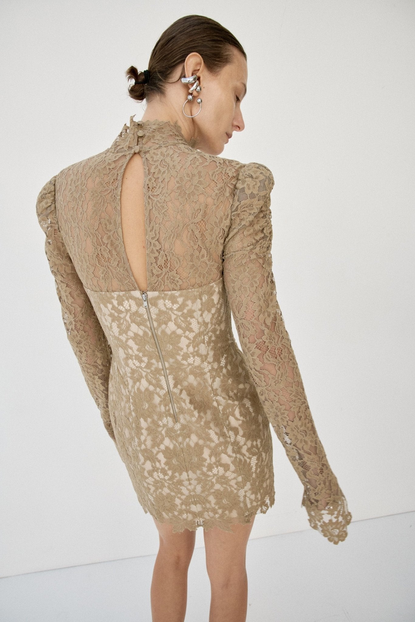 VIRESCO MINI DRESS IN TRUFFLE BROWN LACE - De La Vali